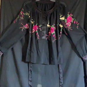 Beautiful silk sheer blouse embroidered flowers